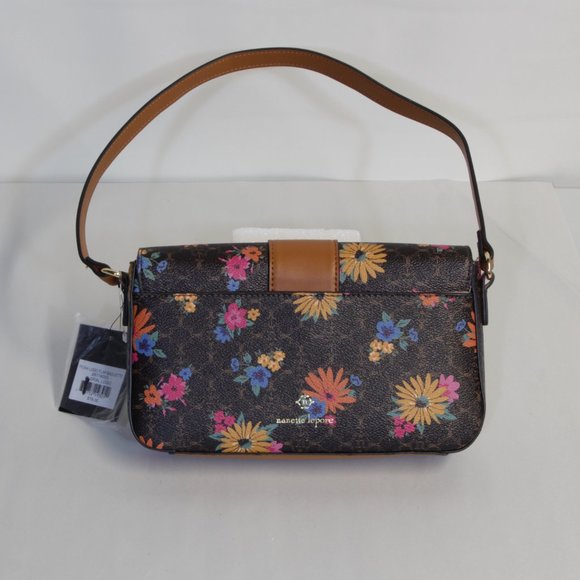 Nanette Lepore Fiona Logo Flap Chocolate Floral Baguette - Picture 4 of 9